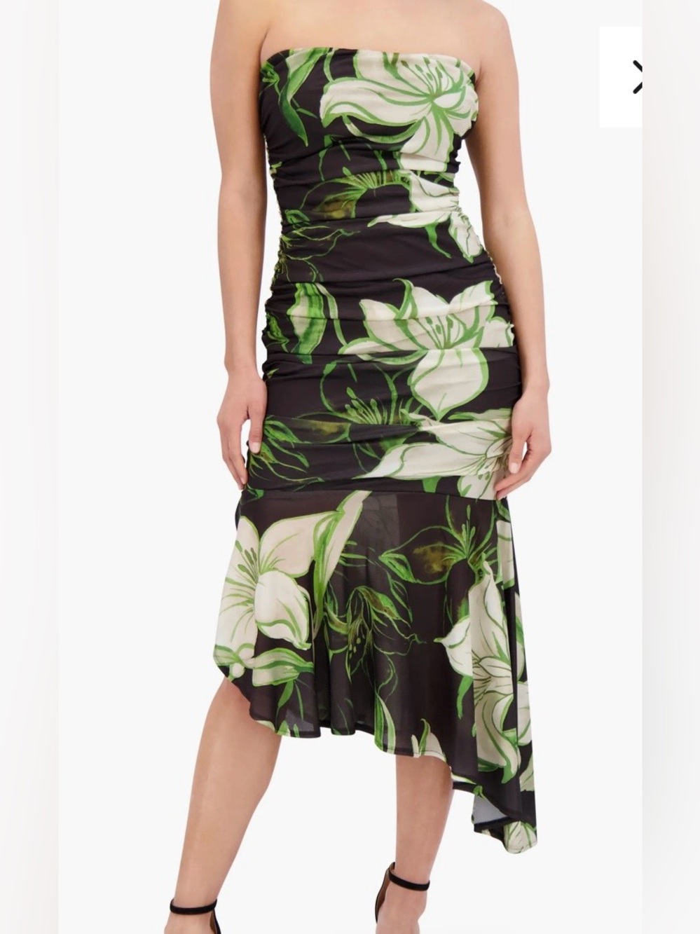 NWT Siena Black Green Lily Floral Ruched Asymmetrical Mesh Midi Dress size Small